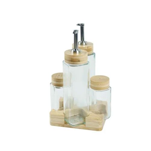 Galheteiro em vidro e suporte em bambu Kenya com 5 peças Galheteiro em vidro e suporte em bambu Kenya com 5 peças