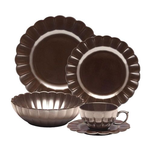 Jogo de Jantar Chá 30 Pçs Porcelana Oxford Flora Anis: Marrom Metalizado