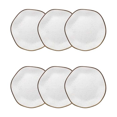Jogo de 6 Pratos Sobremesa Oxford Ryo Maresia Branco e Marrom 21,5cm Porcelana