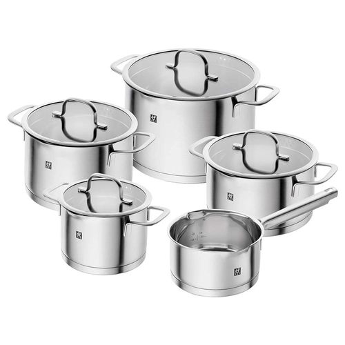 Jogo de Panelas em Aço Inox Zwilling Trueflow 5 Peças: Tampa de Vidro e Sistema de Escoamento