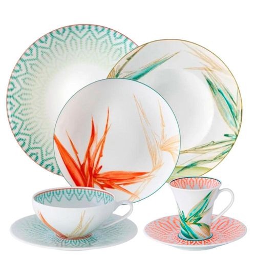 Aparelho de Jantar Chá e Café Vista Alegre Fiji em Porcelana 42 Peças: O Luxo Tropical Completo para sua Mesa
